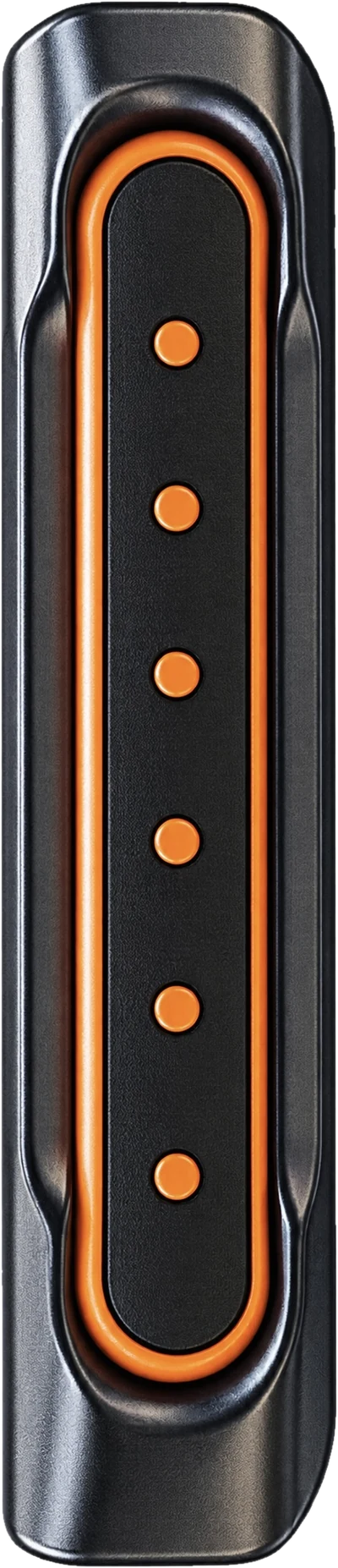 The orange PTT key on the side of the rugged handheld